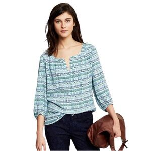 Banana Republic Geometric Print Blouse Blue Green Popover Top 3/4 Sleeve Medium